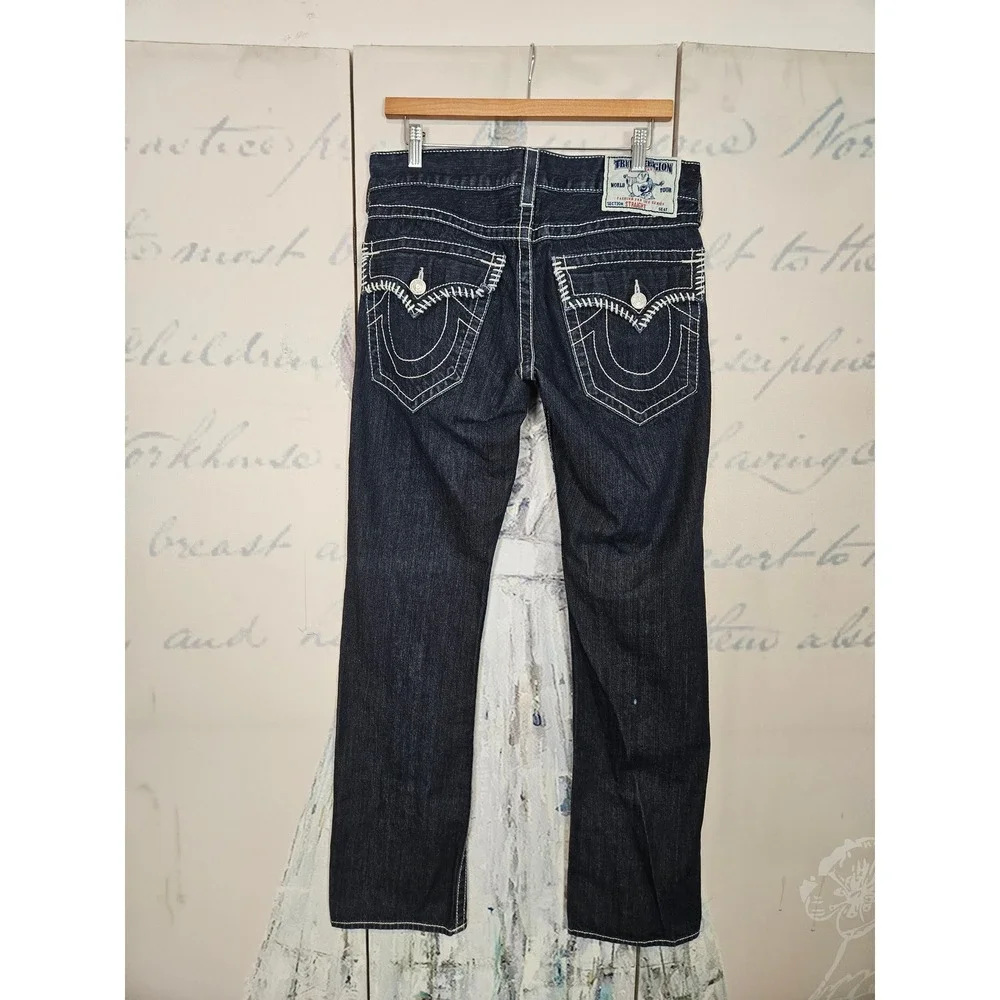 True Religion Super T Straight Leg Jeans 31 Dark Blue White Thick Stitch Y2K